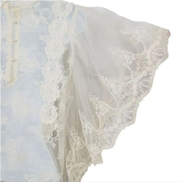 Vintage Victorian Flutter Puff Sleeve Sheer Ivory Lace Formal Wedding Dress M/L - Picture 11 of 13